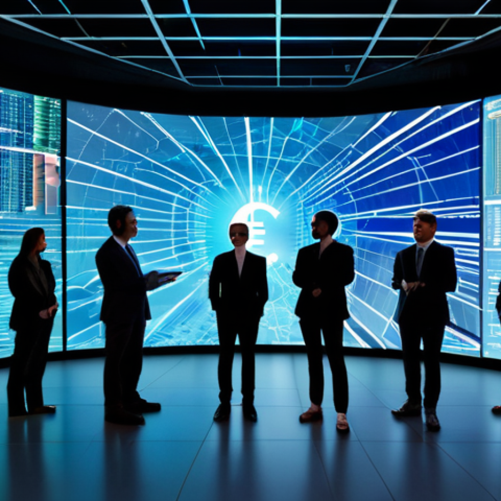 A diverse group of finance professionals, including men and women, are depicted in a modern, secure European financial innovation lab. They are fully clothed in professional business attire, collaborating around a large, luminous holographic projection displaying abstract digital currency flows and a conceptual "Digital Euro" interface. The scene emphasizes seamless integration of traditional and digital finance. The overall aesthetic is high-resolution, photorealistic, and meticulously detailed, with soft, professional studio lighting.