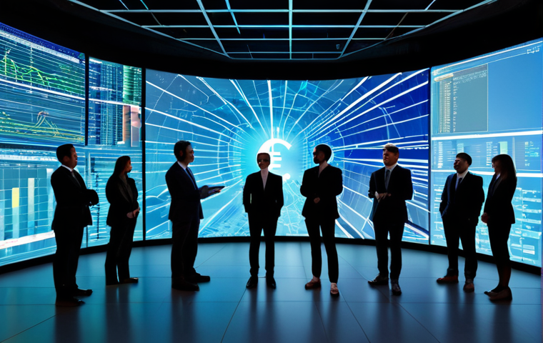 A diverse group of finance professionals, including men and women, are depicted in a modern, secure European financial innovation lab. They are fully clothed in professional business attire, collaborating around a large, luminous holographic projection displaying abstract digital currency flows and a conceptual "Digital Euro" interface. The scene emphasizes seamless integration of traditional and digital finance. The overall aesthetic is high-resolution, photorealistic, and meticulously detailed, with soft, professional studio lighting.