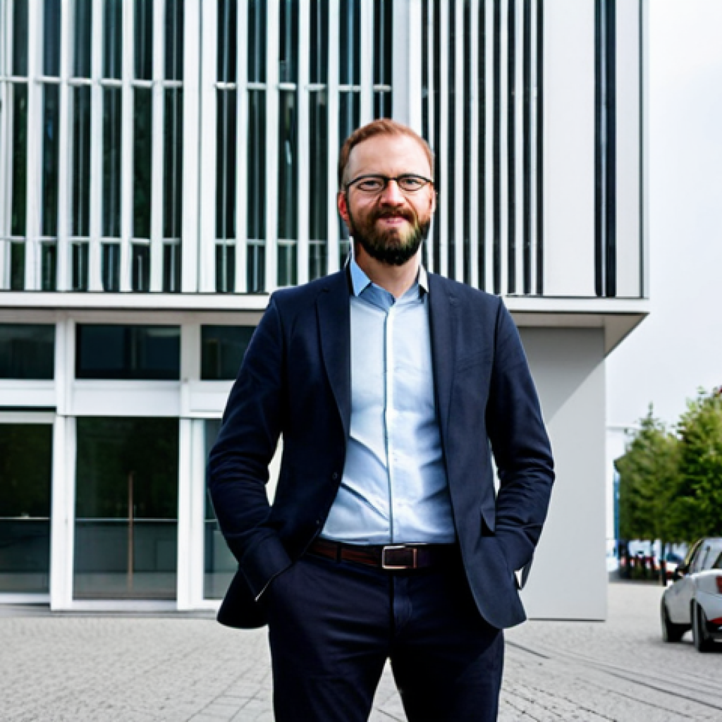 **
A professional architect, fully clothed in a modest business casual outfit, standing in front of a modern, sustainable building in Berlin, Germany. Appropriate attire, safe for work, perfect anatomy, natural proportions, professional photography, high quality.
**
