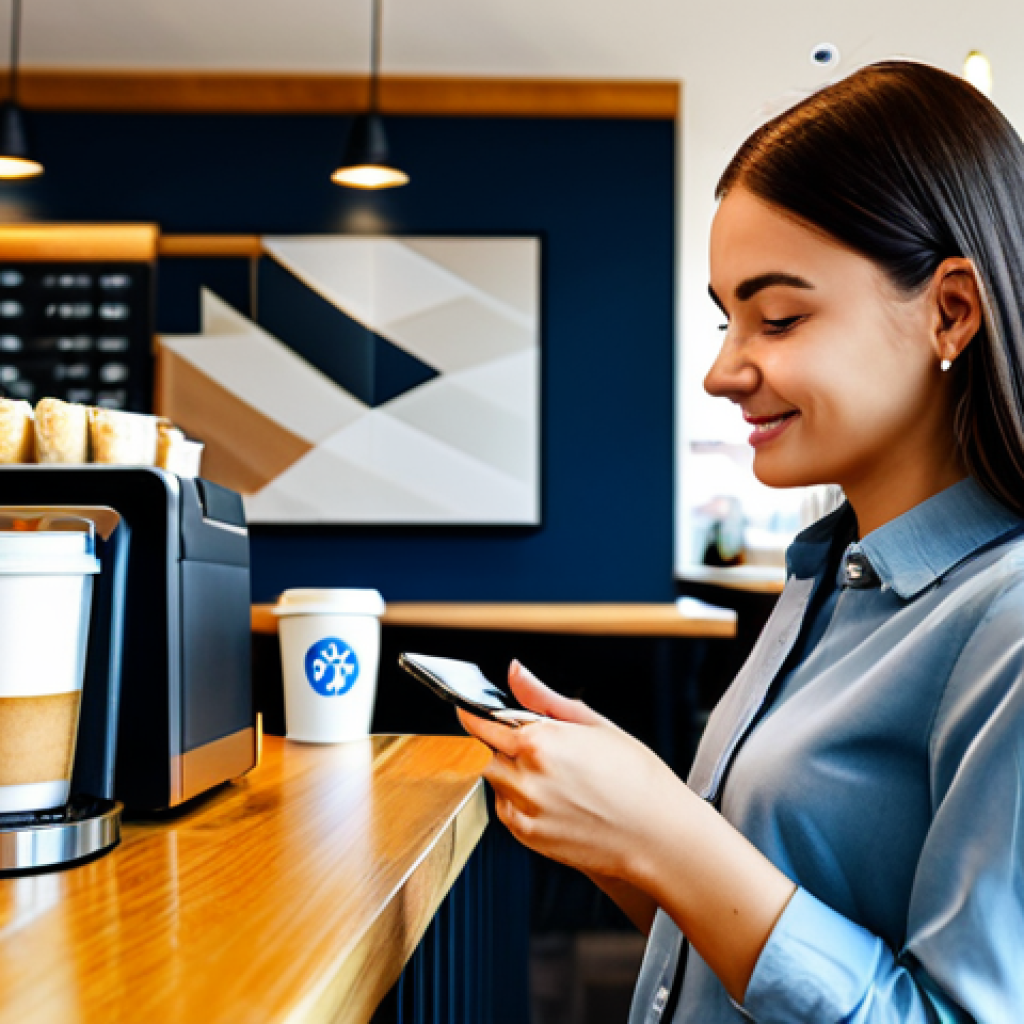 Digital Payment at a Cafe**
"A young professional woman, fully clothed in a stylish blouse and jeans, paying for a coffee at a modern cafe using a mobile payment app with a cryptocurrency logo, appropriate attire, safe for work, professional, well-lit, natural pose, proper finger count, high quality, modern cafe background."
**