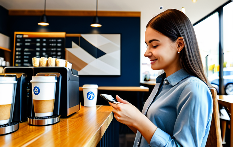 Digital Payment at a Cafe**
"A young professional woman, fully clothed in a stylish blouse and jeans, paying for a coffee at a modern cafe using a mobile payment app with a cryptocurrency logo, appropriate attire, safe for work, professional, well-lit, natural pose, proper finger count, high quality, modern cafe background."
**