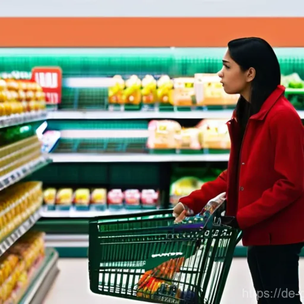 디지털 통화의 인플레이션에 대한 영향 - **Prompt:** A young adult, dressed in casual everyday attire, stands at a brightly lit supermarket c...