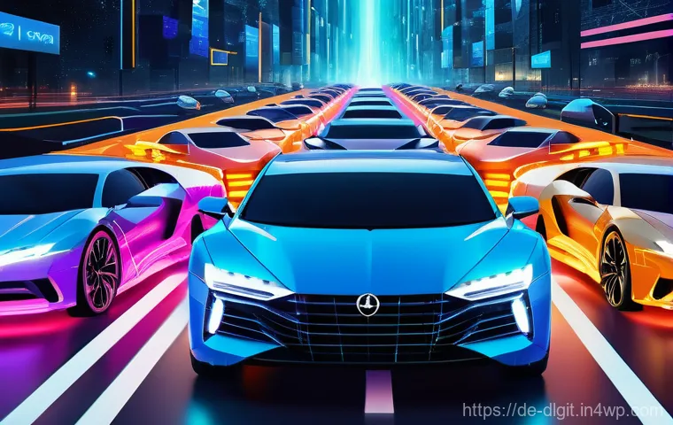 디지털 통화의 기술적 도전 과제 - A surreal digital landscape depicting a massive traffic jam of stylized blockchain transaction "cars...