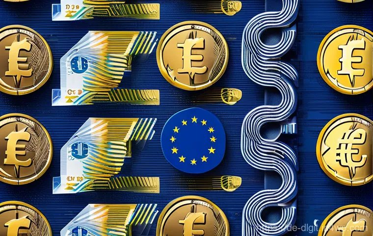 디지털 통화와 공급 측면의 변화 - A vibrant, dynamic illustration depicting the "Digital Euro" as a sleek, secure, and modern currency...