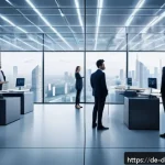Home 21 디지털 통화와 기업의 기술적 준비 - A futuristic corporate office environment showcasing a diverse group of professionals interacting wi...