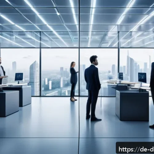Home 15 디지털 통화와 기업의 기술적 준비 - A futuristic corporate office environment showcasing a diverse group of professionals interacting wi...