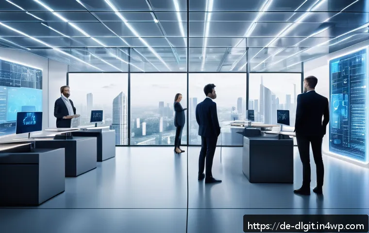 디지털 통화와 기업의 기술적 준비 - A futuristic corporate office environment showcasing a diverse group of professionals interacting wi...